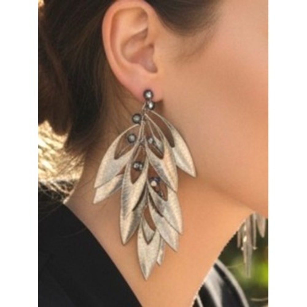 Statement Dangle Cascading Leaf Earrings 5.5" Long Textured Metallic Oversized